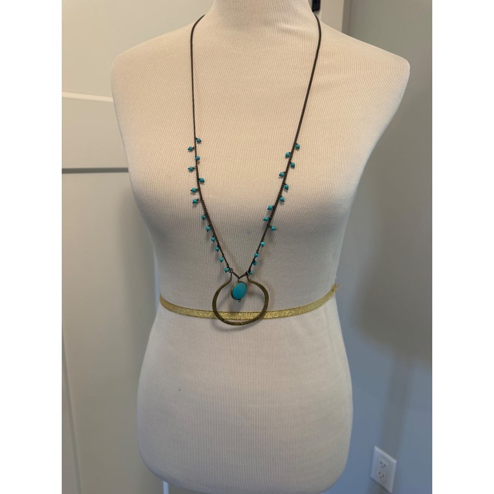 Lena‎ LeMevard Bronze Tone Turquoise Beads Long Circle Pendant Necklace